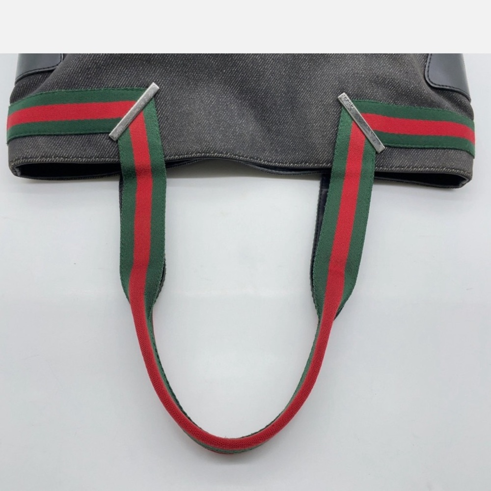 💯Gucci Black Denim Tote with Red and Green Straps Sherry Line EUC - Picture 6 of 13